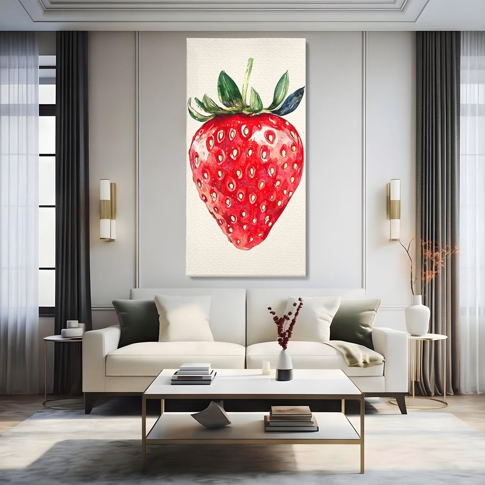 Tablou canvas cu pictura cu o capsuna rosie, fara rama, pe sasiu de lemn, pe perete intr-un living